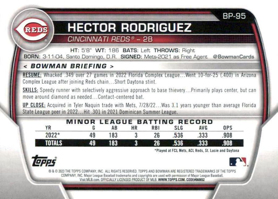 2023 Bowman Prospects 1st Bowman Hector Rodriguez FBC BP-95 Cincinnati Reds