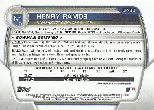 2023 Bowman Prospects 1st Bowman Henry Ramos FBC BP-96 Kansas City Royals