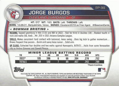 2023 Bowman Prospects 1st Bowman Jorge Burgos FBC BP-98 Cleveland Guardians