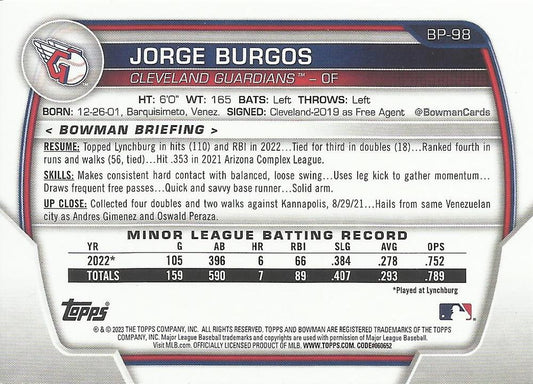 2023 Bowman Prospects 1st Bowman Jorge Burgos FBC BP-98 Cleveland Guardians