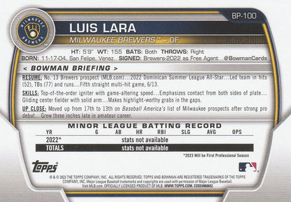 2023 Bowman Prospects 1st Bowman Luis Lara FBC BP-100 Milwaukee Brewers