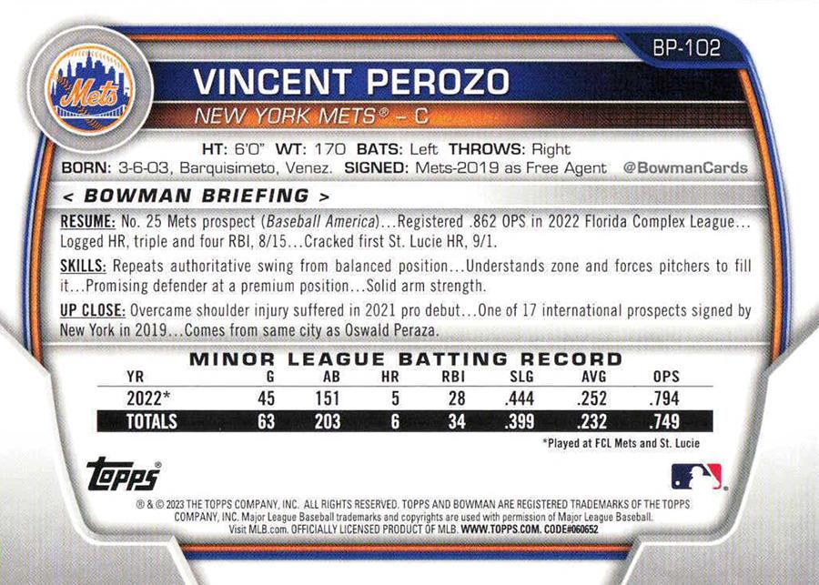2023 Bowman Prospects 1st Bowman Vincent Perozo FBC BP-102 New York Mets