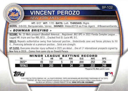 2023 Bowman Prospects 1st Bowman Vincent Perozo FBC BP-102 New York Mets
