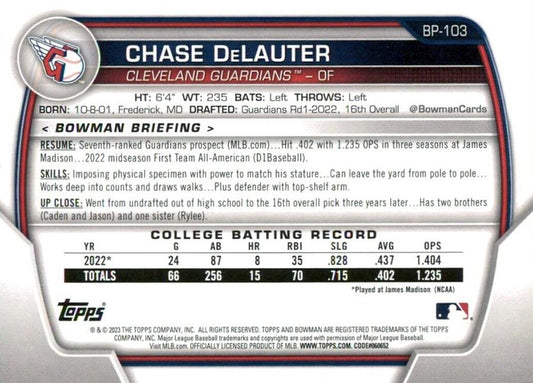 2023 Bowman Prospects Chase DeLauter BP-103 Cleveland Guardians