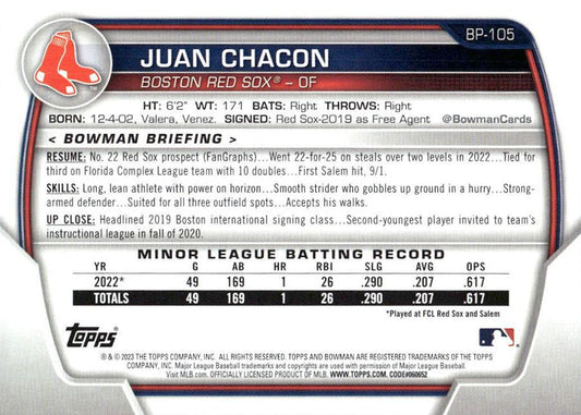 2023 Bowman Prospects 1st Bowman Juan Chacon FBC BP-105 Boston Red Sox
