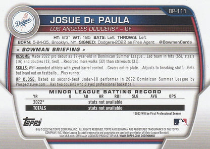 2023 Bowman Prospects 1st Bowman Josue De Paula FBC BP-111 Los Angeles Dodgers