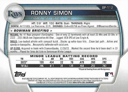 2023 Bowman Prospects 1st Bowman Ronny Simon FBC BP-112 Tampa Bay Rays