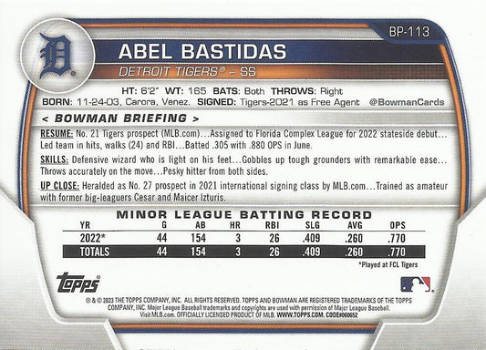 2023 Bowman Prospects 1st Bowman Abel Bastidas FBC BP-113 Detroit Tigers