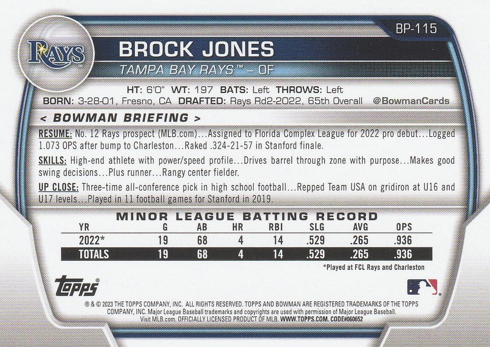 2023 Bowman Prospects 1st Bowman Brock Jones FBC BP-115 Tampa Bay Rays