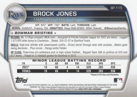 2023 Bowman Prospects 1st Bowman Brock Jones FBC BP-115 Tampa Bay Rays