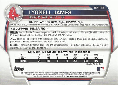 2023 Bowman Prospects 1st Bowman Lyonell James FBC BP-118 Boston Red Sox