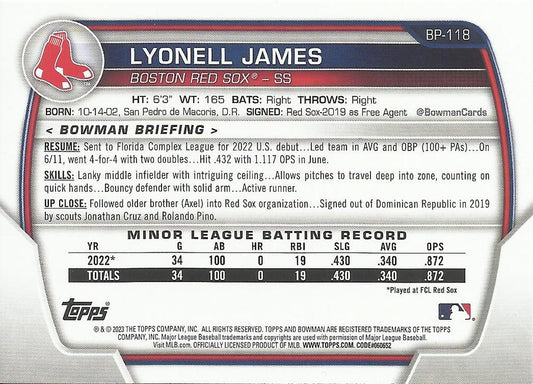 2023 Bowman Prospects 1st Bowman Lyonell James FBC BP-118 Boston Red Sox