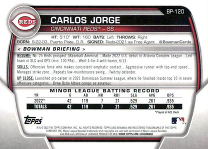2023 Bowman Prospects 1st Bowman Carlos Jorge FBC BP-120 Cincinnati Reds