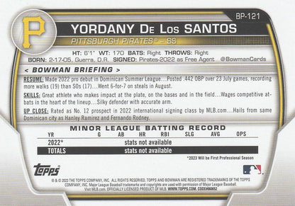 2023 Bowman Prospects Yordany De Los Santos BP-121 Pittsburgh Pirates