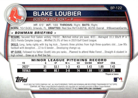 2023 Bowman Prospects 1st Bowman Blake Loubier FBC BP-122 Boston Red Sox