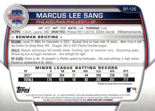 2023 Bowman Prospects 1st Bowman Marcus Lee Sang FBC BP-126 Philadelphia Phillies