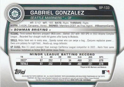 2023 Bowman Prospects 1st Bowman Gabriel Gonzalez FBC BP-133 Seattle Mariners