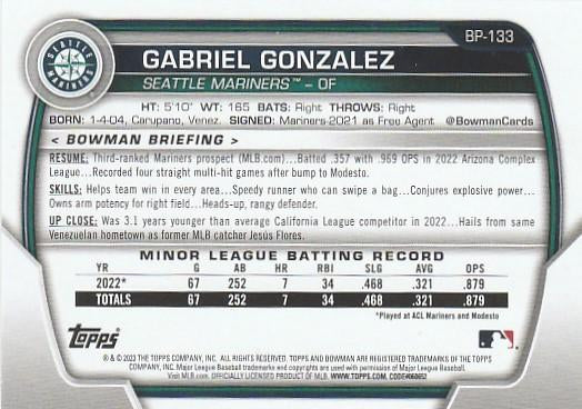 2023 Bowman Prospects 1st Bowman Gabriel Gonzalez FBC BP-133 Seattle Mariners