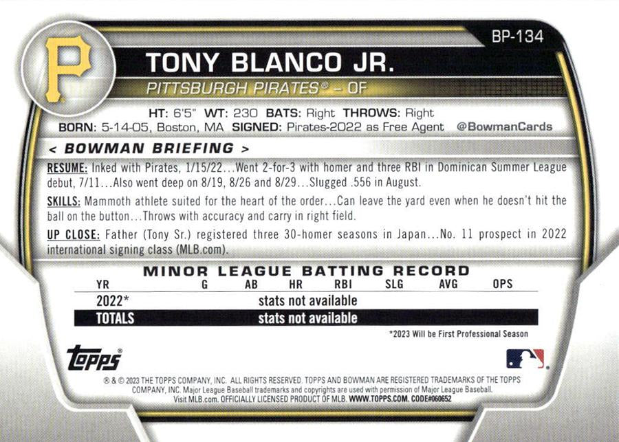 2023 Bowman Prospects 1st Bowman Tony Blanco Jr. FBC BP-134 Pittsburgh Pirates