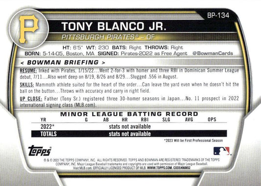 2023 Bowman Prospects 1st Bowman Tony Blanco Jr. FBC BP-134 Pittsburgh Pirates