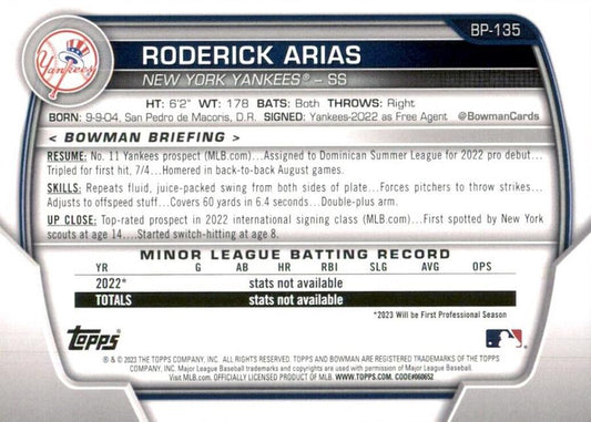 2023 Bowman Prospects Roderick Arias BP-135 New York Yankees