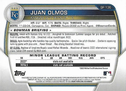 2023 Bowman Prospects 1st Bowman Juan Olmos FBC BP-136 Kansas City Royals