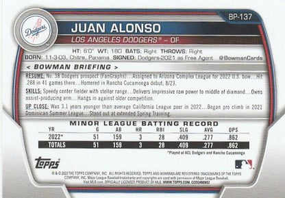 2023 Bowman Prospects 1st Bowman Juan Alonso FBC BP-137 Los Angeles Dodgers