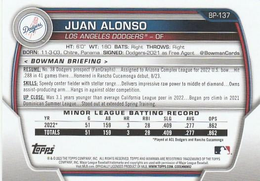 2023 Bowman Prospects 1st Bowman Juan Alonso FBC BP-137 Los Angeles Dodgers