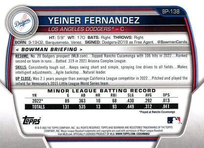 2023 Bowman Prospects 1st Bowman Yeiner Fernandez FBC BP-138 Los Angeles Dodgers