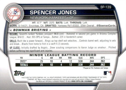 2023 Bowman Prospects 1st Bowman Spencer Jones FBC BP-139 New York Yankees