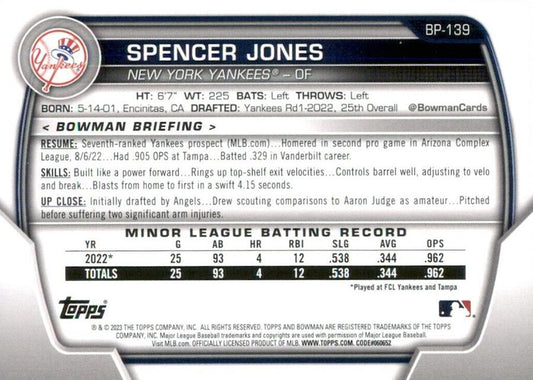 2023 Bowman Prospects 1st Bowman Spencer Jones FBC BP-139 New York Yankees