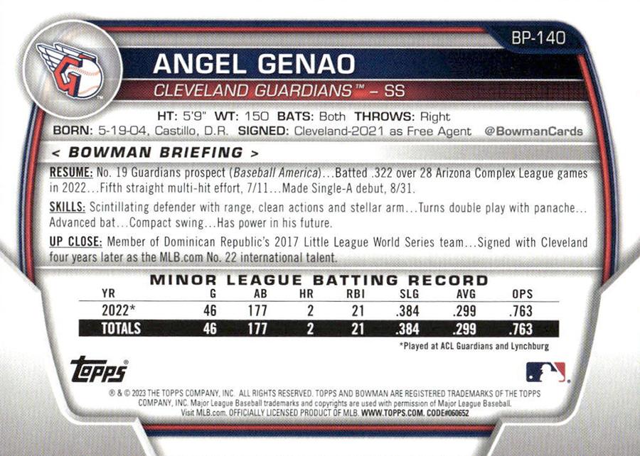 2023 Bowman Prospects 1st Bowman Angel Genao FBC BP-140 Cleveland Guardians