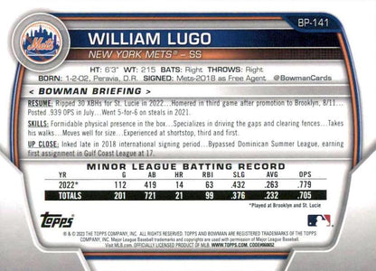 2023 Bowman Prospects 1st Bowman William Lugo FBC BP-141 New York Mets