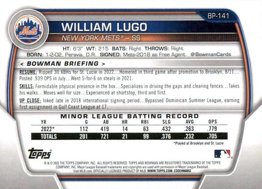 2023 Bowman Prospects 1st Bowman William Lugo FBC BP-141 New York Mets