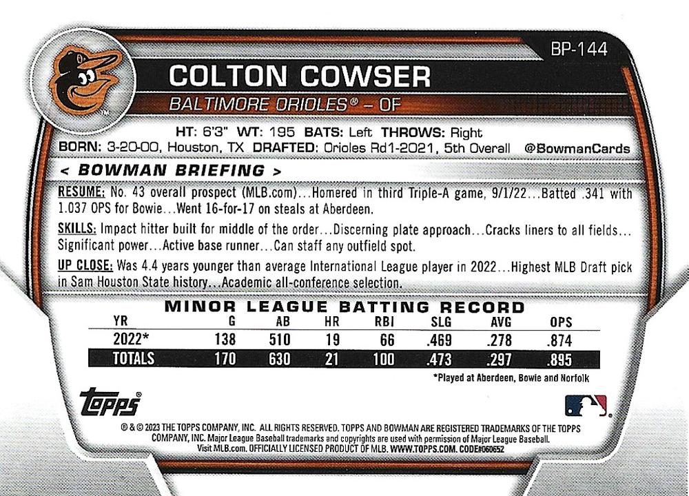 2023 Bowman Prospects Colton Cowser BP-144 Baltimore Orioles