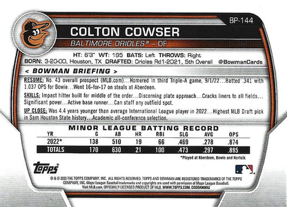 2023 Bowman Prospects Colton Cowser BP-144 Baltimore Orioles