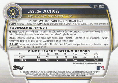 2023 Bowman Prospects 1st Bowman Jace Avina FBC BP-150 Milwaukee Brewers