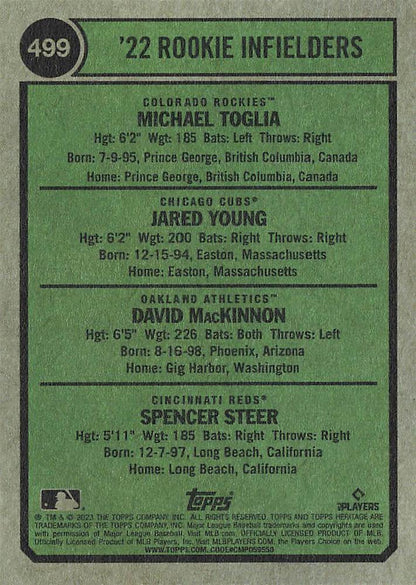 2023 Topps Heritage Spencer Steer RC / David MacKinnon RC / Michael Toglia RC / Jared Young RC RS,RC,SP #499 Cincinnati Reds