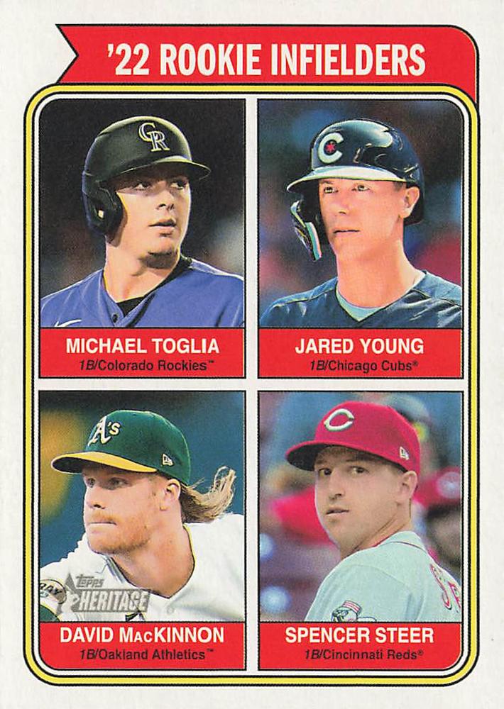 2023 Topps Heritage Spencer Steer RC / David MacKinnon RC / Michael Toglia RC / Jared Young RC RS,RC,SP #499 Cincinnati Reds