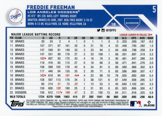 2023 Topps Chrome Freddie Freeman #5 Los Angeles Dodgers