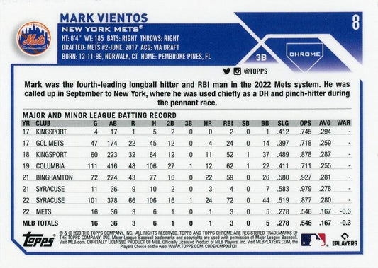 2023 Topps Chrome Mark Vientos RC #8 New York Mets