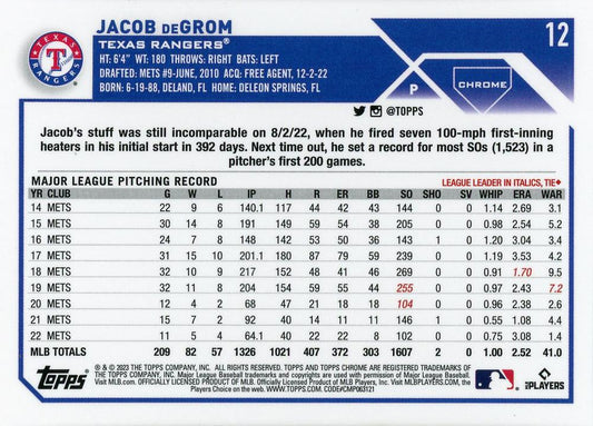 2023 Topps Chrome Jacob deGrom #12 Texas Rangers