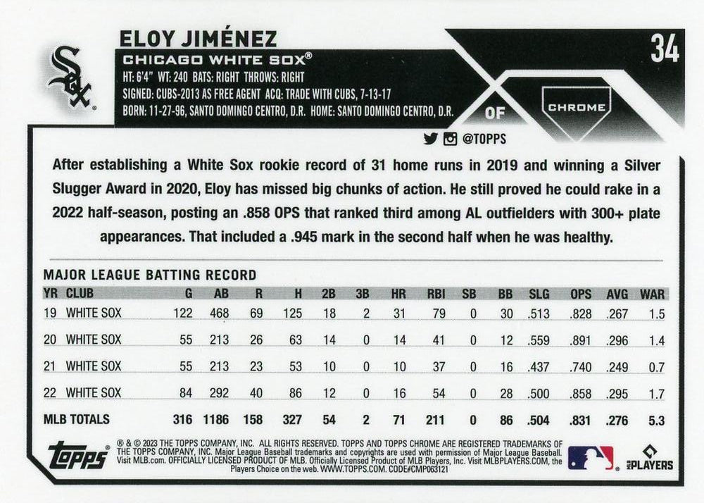 2023 Topps Chrome Eloy Jimenez #34 Chicago White Sox