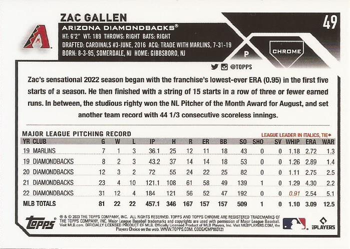 2023 Topps Chrome Zac Gallen #49 Arizona Diamondbacks