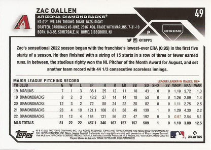 2023 Topps Chrome Zac Gallen #49 Arizona Diamondbacks