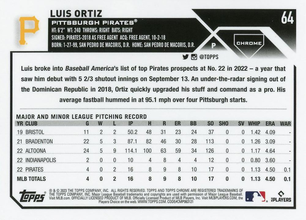 2023 Topps Chrome Luis Ortiz RC #64 Pittsburgh Pirates