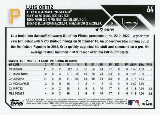 2023 Topps Chrome Luis Ortiz RC #64 Pittsburgh Pirates