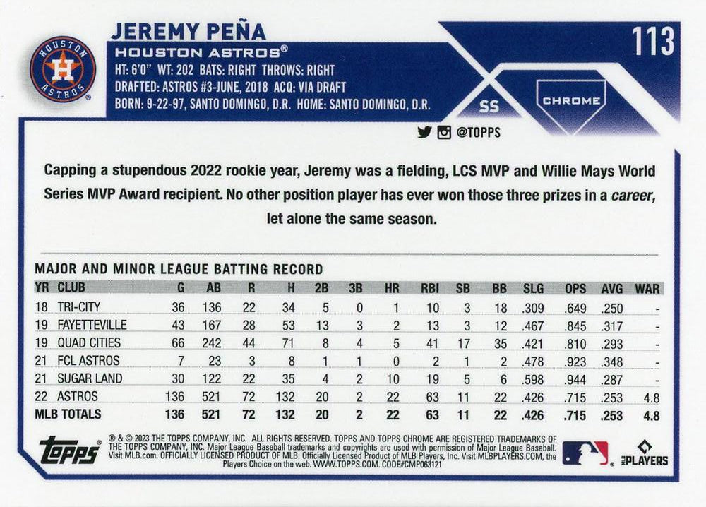 2023 Topps Chrome Jeremy Pena #113 Houston Astros