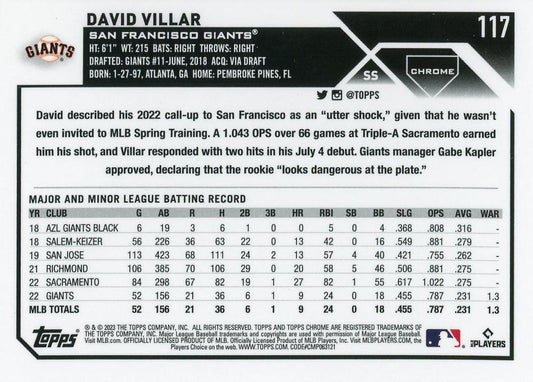 2023 Topps Chrome David Villar RC #117 San Francisco Giants