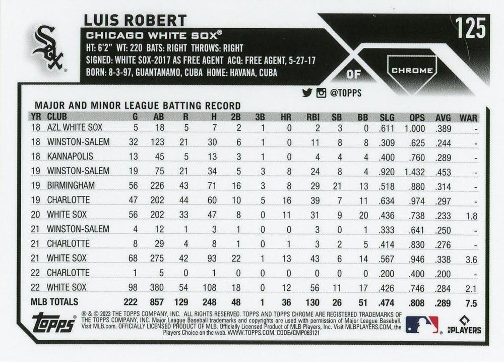2023 Topps Chrome Luis Robert #125 Chicago White Sox